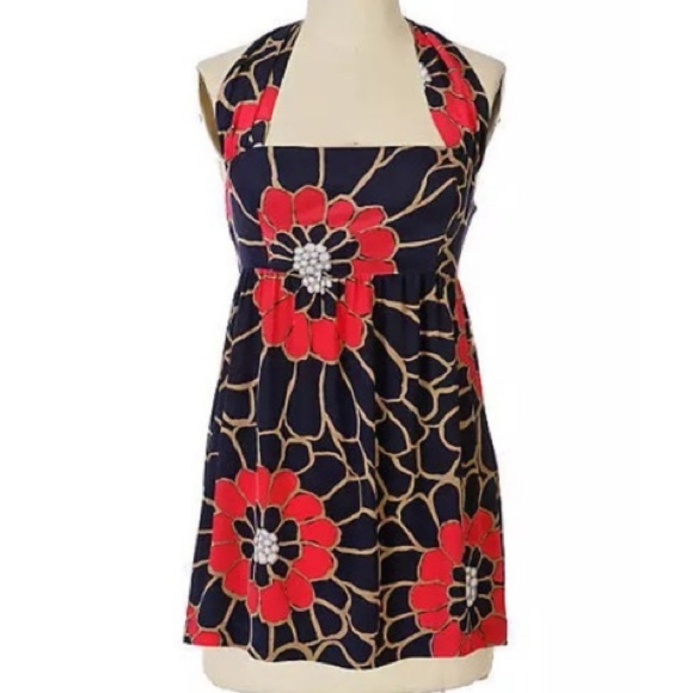 Anthropologie TABITHA Loud & Clear Navy & Pink Floral Silk Halter Tunic Top